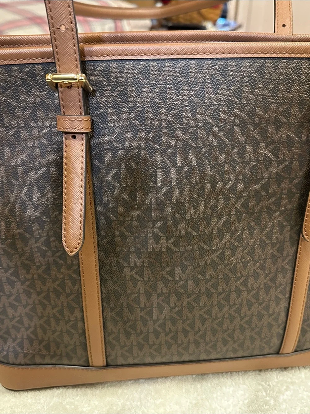Michael Kors Brown & Tan MK Logo Tote with Gold Accent - Picture 3 of 4